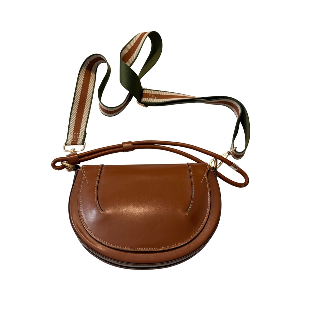 Saddle Bag Crossbody Cognac Brown Striped Webbing Strap Boho Chic Handbag
